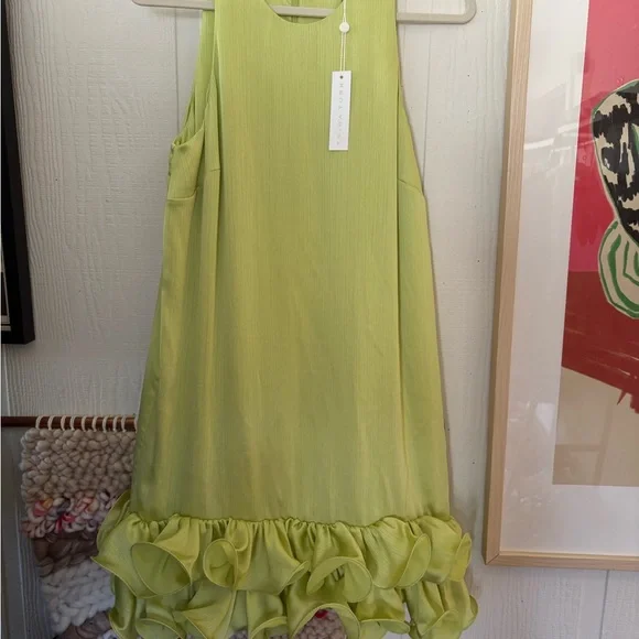 NWT Trina Turk FEATHER dress Lime Ruffle-Hem Mini Dress size medium - Picture 6 of 11